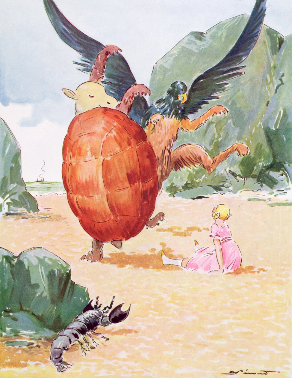Alice, the Gryphon and the Mock Turtle, illustration från "Alice in Wonderland" av Lewis Carroll (1832-98) publicerad av Editions Delagrave, Paris av Andre Pecoud
