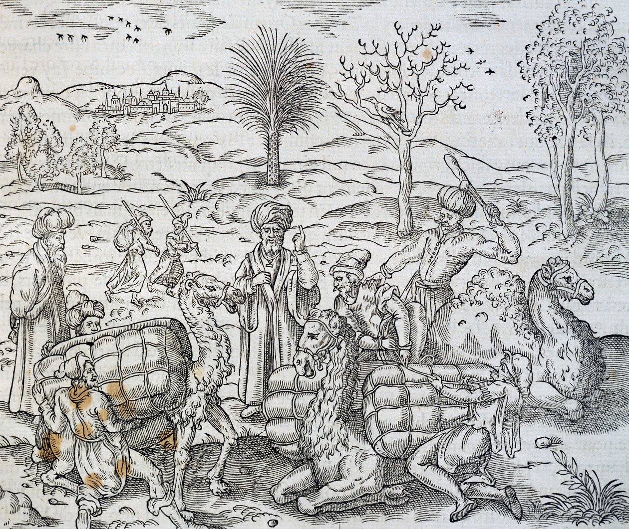 Arabiska köpmän i Syrien, gravyr från Universal Cosmology, av Andre Thevet (1504-1592) av Andre Thevet