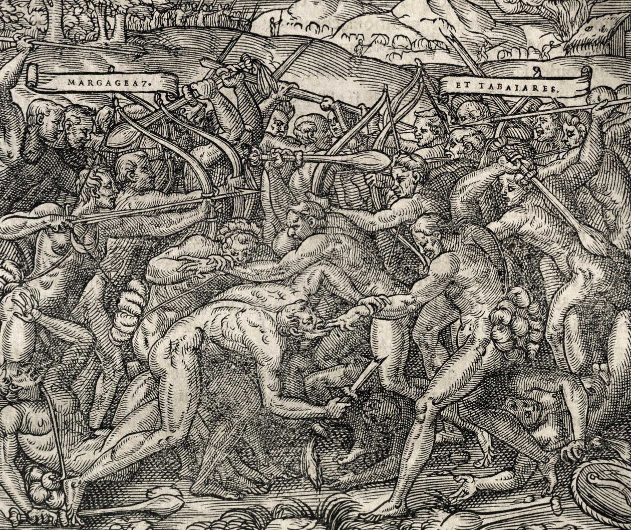 Strid mellan Margageaz och Tabajares stammar, gravyr från Universal Cosmology, av Andre Thevet (1504-1592) av Andre Thevet