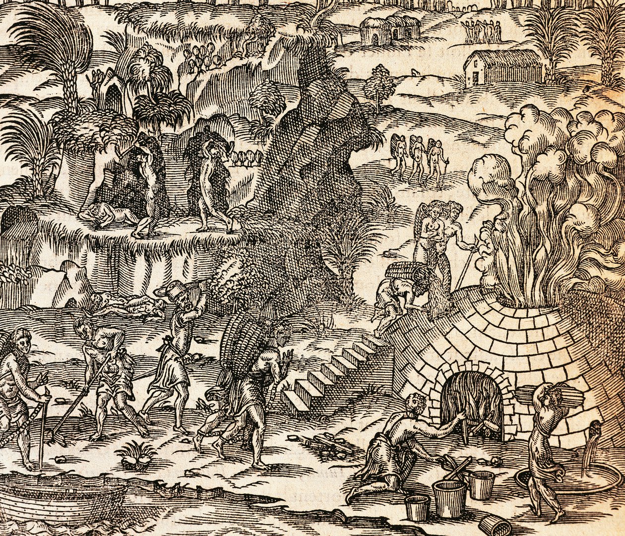 Indiska slavar som arbetar i gruvan på Kuba, Illustration från Cosmography av Andre Thevet, gravyr av Andre Thevet