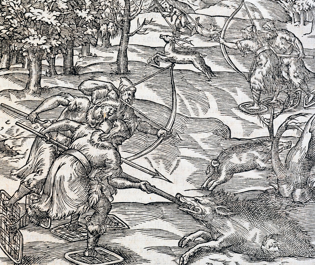 Indianers galtjakt, gravyr från Universal Cosmology, av Andre Thevet (1504-1592), Paris av Andre Thevet