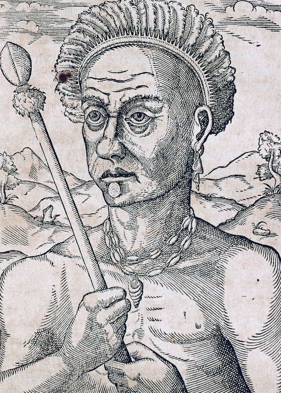 King Quoniambec, Brasilien, gravyr från Universal Cosmology, av Andre Thevet (1504-1592), Paris av Andre Thevet