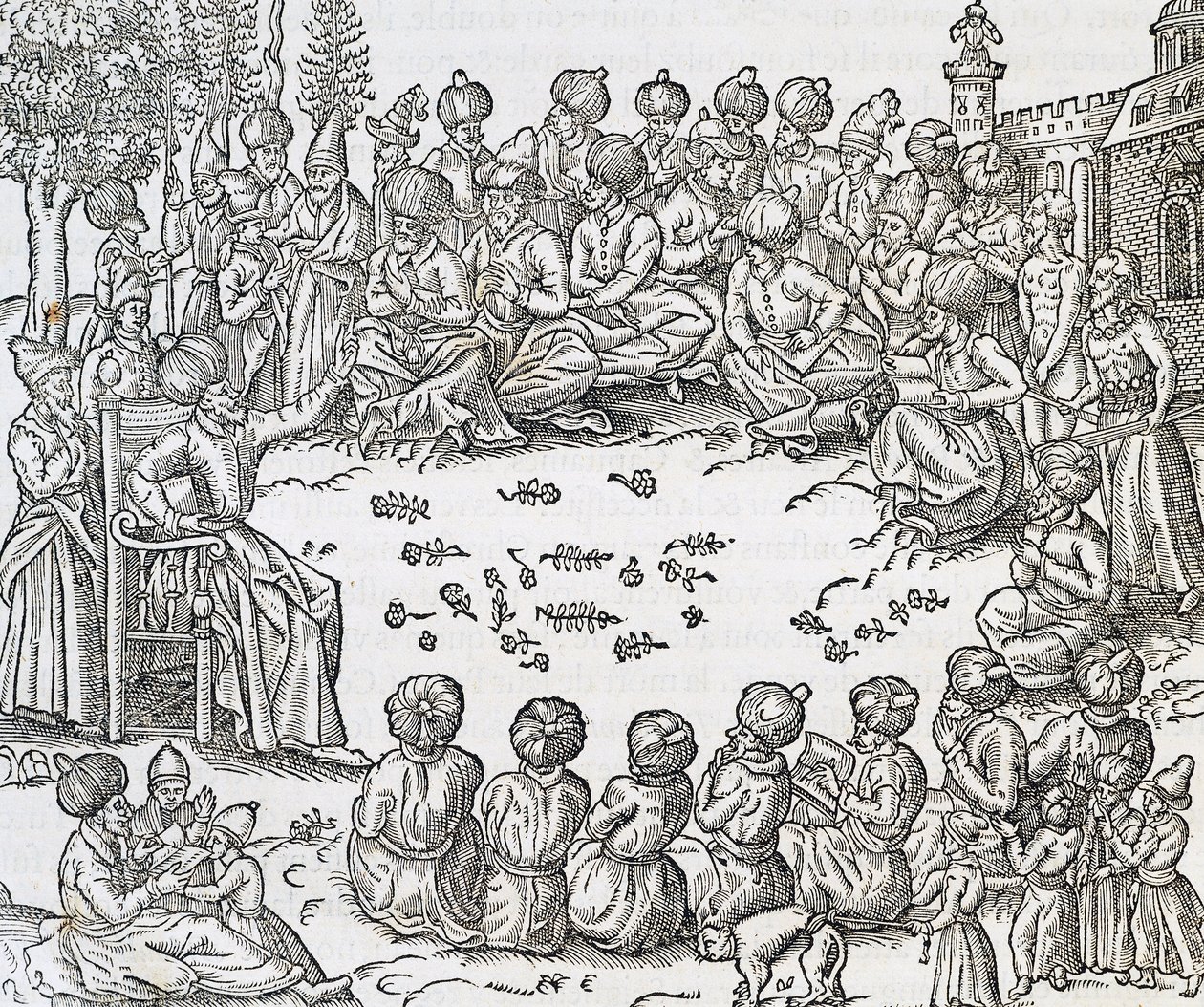 Möte mellan turkar och araber, Marocko, gravyr från Universal Cosmology, av Andre Thevet (1504-1592), Paris av Andre Thevet