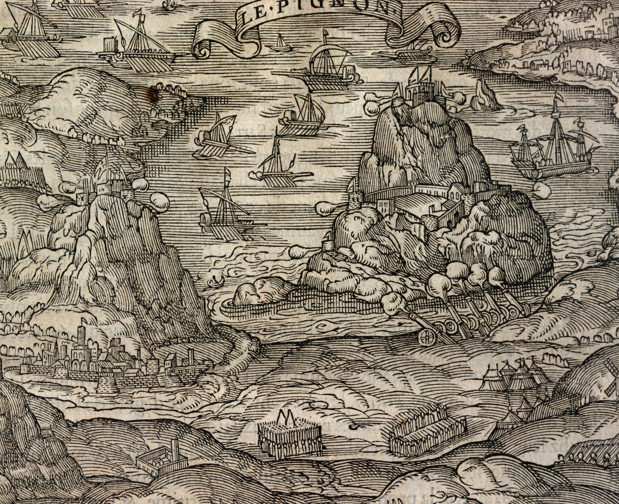 Sjöstrid nära ön Le Pignon, gravyr från Cosmographie universelle, av Andre Thevet (1504-1592), Paris av Andre Thevet