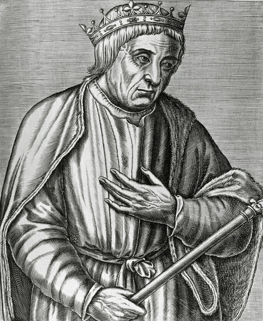 Porträtt av Casimir III, kung av Polen, känd som Stor (1310-1370), gravyr från Les Vrais pourtraits et Lives des Hommes illustres av Andre Thevet