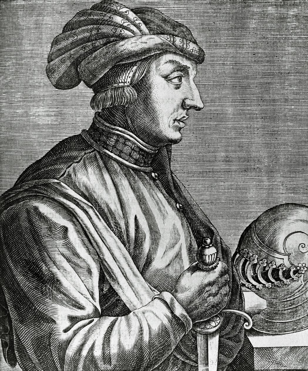 Porträtt av Castruccio Castracani (ca 1281-1328), Lord of Lucca, gravyr från The True Portraits and Lives of Illustrious Men av Andre Thevet