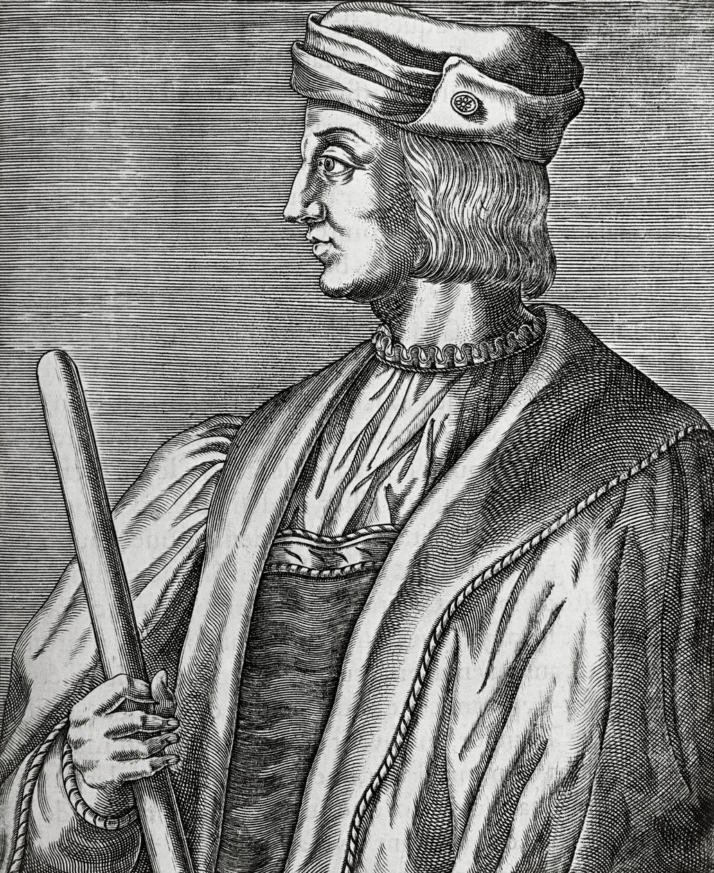 Porträtt av Gaston de Foix, hertig av Nemours (1489-1516), gravyr från The True Portraits and Lives of Illustrious Men av Andre Thevet