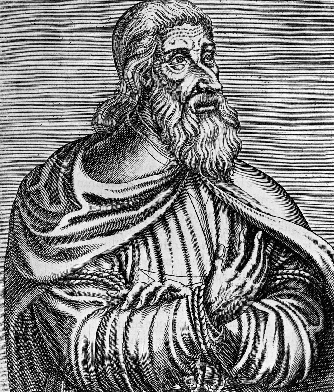 Porträtt av Jacques de Molay (1243-1314), fransk stormästare av tempelriddare, gravyr av Andre Thevet (1504-1592), publicerad 1584 av Andre Thevet