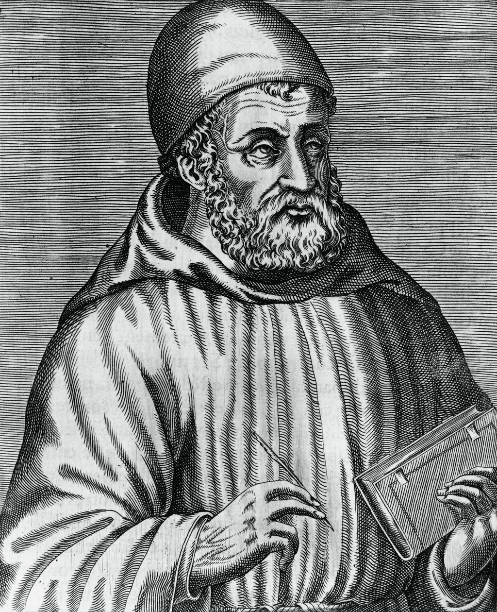 Porträtt av John Duns, vanligen kallad Duns Scotus (1265 eller 1266-1308), skotsk filosof och teolog, gravyr av Andre Thevet (1504-1592) från The Real Portraits and Lives of Illustrious Greek, Latin and Pagan Men av Andre Thevet