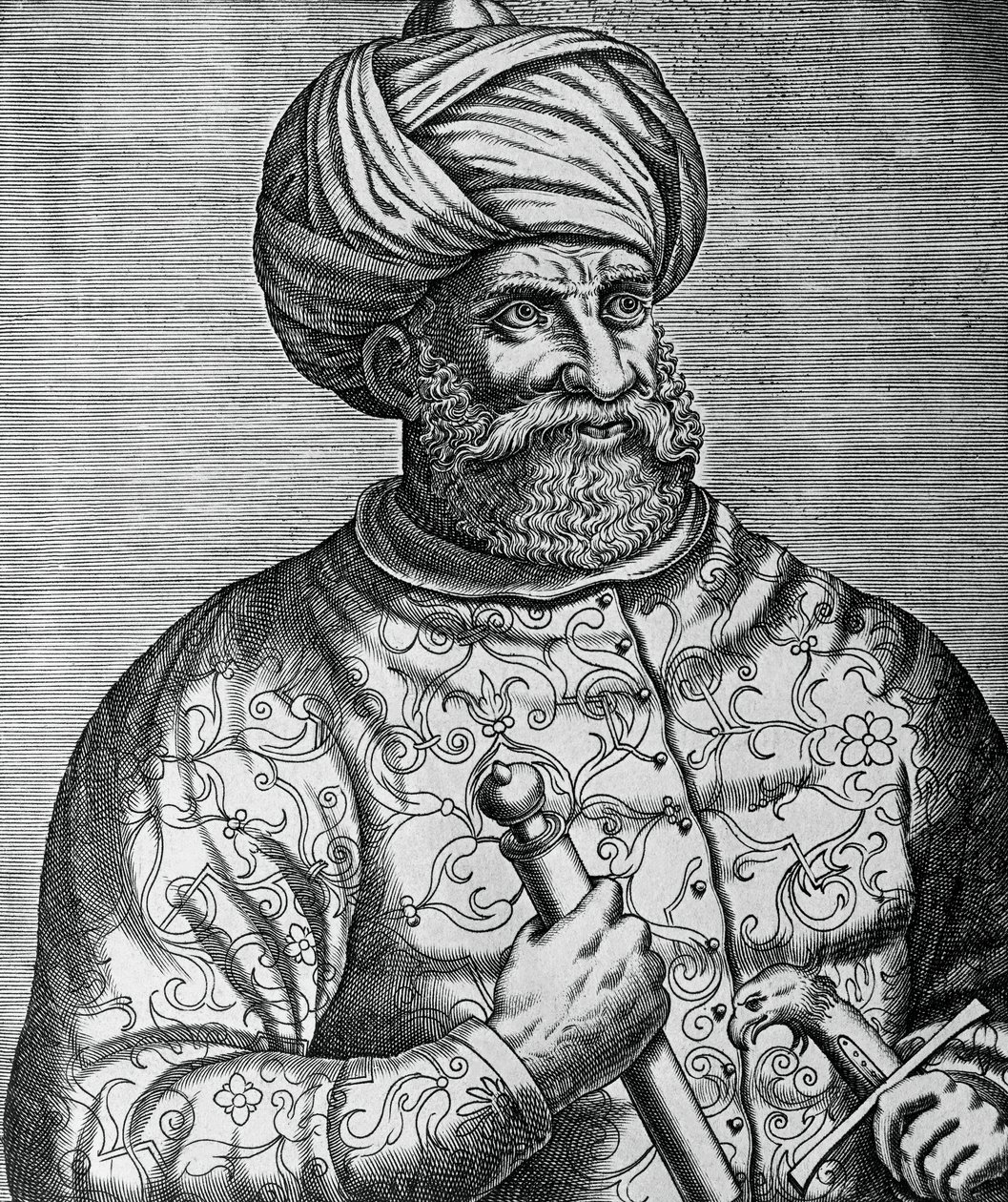 Porträtt av Khayr al-Din, känd som Barbarossa (1465-1546), turkisk korsar och amiral, gravyr av Andre Thevet (1502-1590) av Andre Thevet