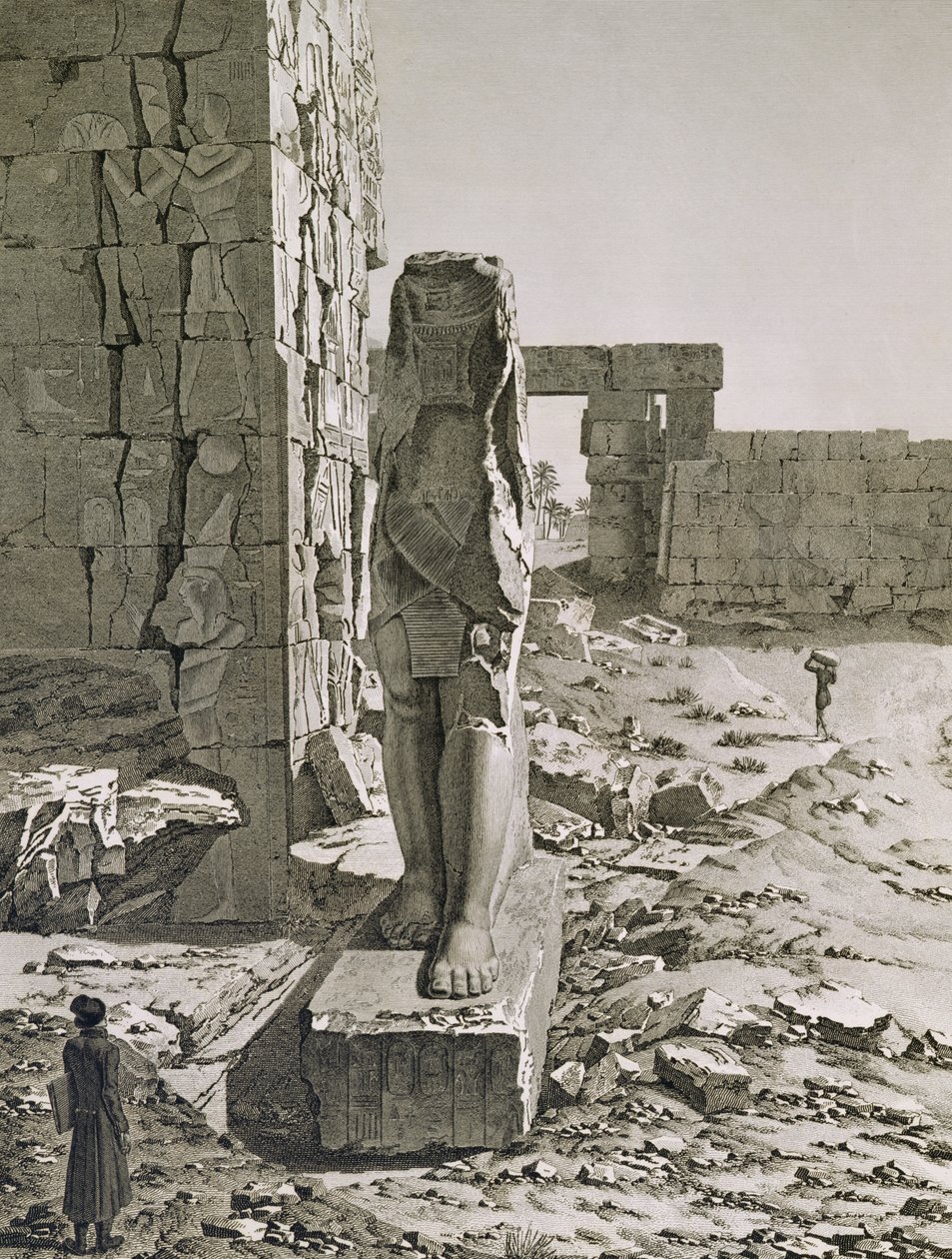 Utsikt över kolossen vid ingången till hypostilhallarna i palatset i Karnak, Thebe, skylt 20 från volym III av "Descriptions of Egypt", graverad av Baltard, 1822 (akvatint) av Andre after Dutertre