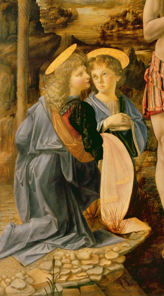 The Baptism of Christ av Johannes Döparen, ca 1475 (detalj av 362326) av Leonardo da Vinci