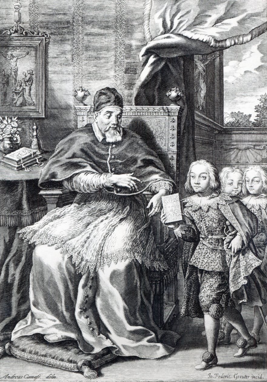 Påven Urban VIII med sina syskonbarn, graverad av Johann Friedrich Greuter av Andrea Camassei