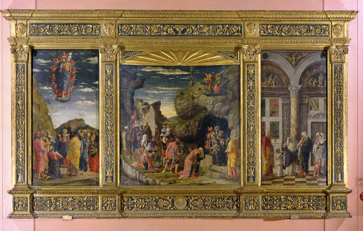 Altartavla föreställande Kristi himmelsfärd, tillbedjan av männen och omskärelsen, c.1463-64 (tempera på panel) av Andrea Mantegna