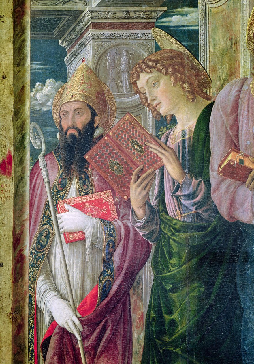 Altartavla av St. Zeno av Verona, detalj av den vänstra panelen föreställande Johannes Döparen och Saint Augustin, 1456-60 av Andrea Mantegna
