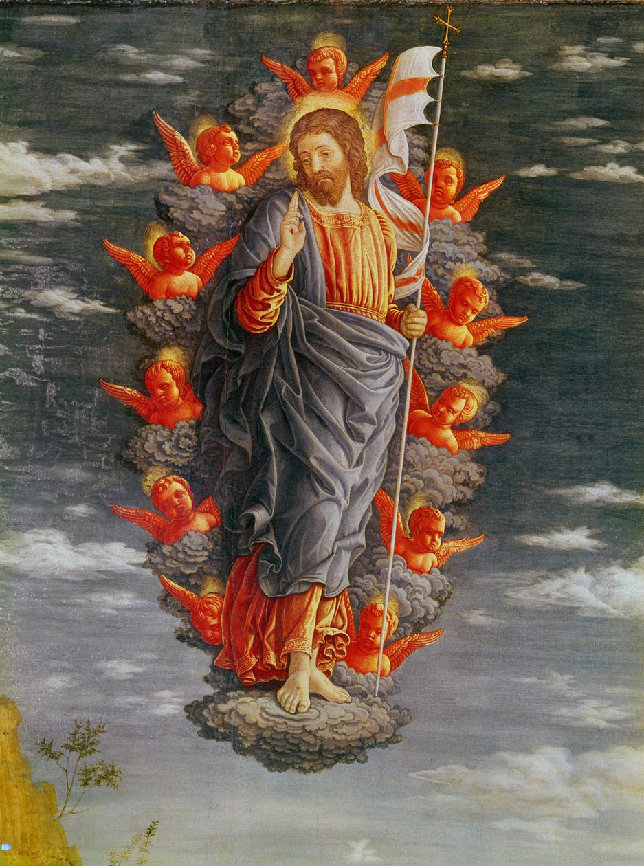 Altartavla av tillbedjan av magi vänster panel: Kristi himmelsfärd, detalj av Kristus, c.1466 tempera på panel av Andrea Mantegna