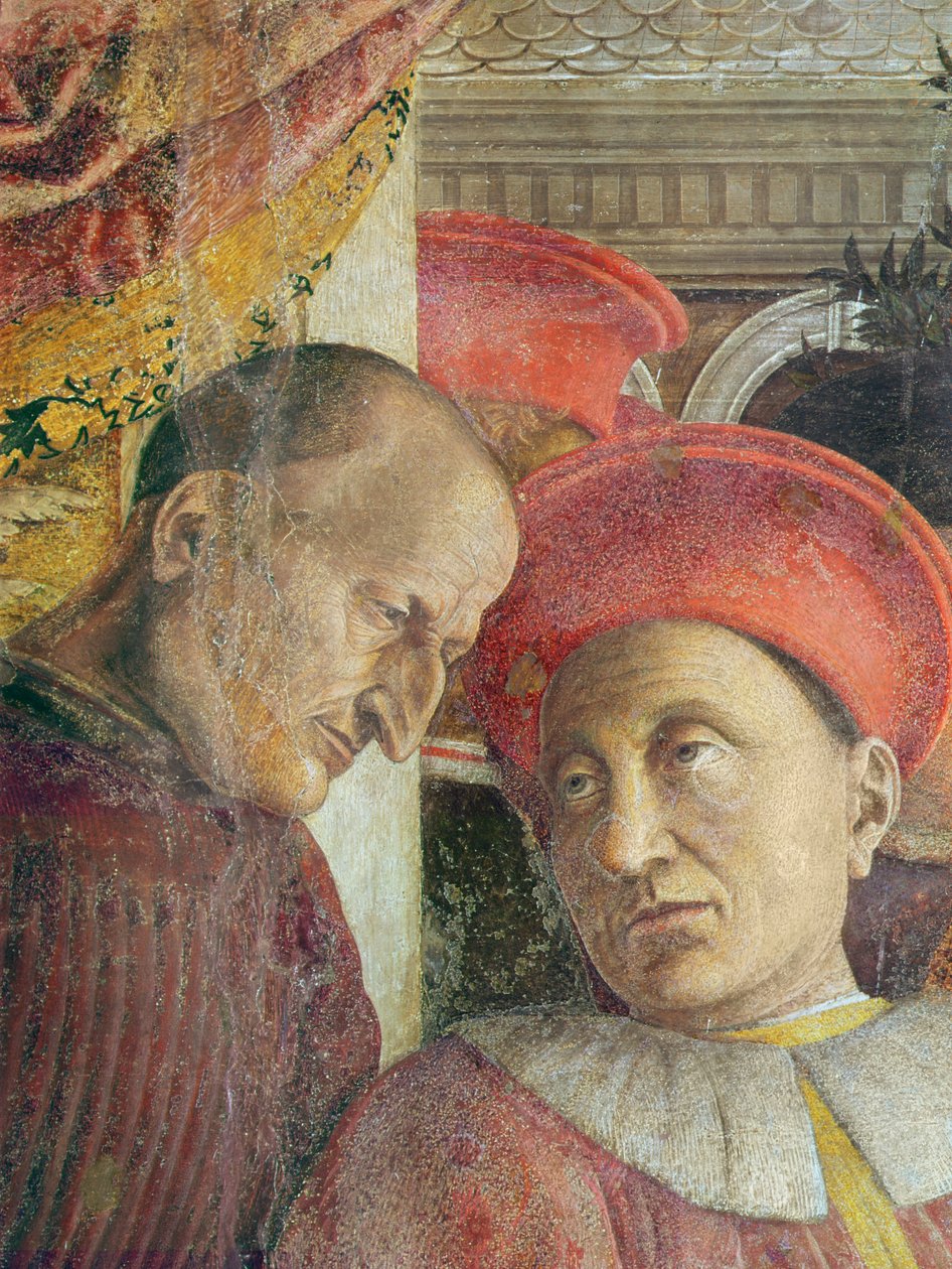 La Camera degli Sposi Brudkammaren. Ludovico II av Gonzaga och hans hovdetalj av Ludovico II och hans sekreterare före restaurering, ca 1466-74 fresk av Andrea Mantegna