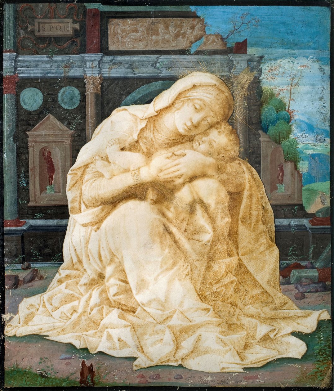Madonna och barn mot de gamla ruinerna av Andrea Mantegna