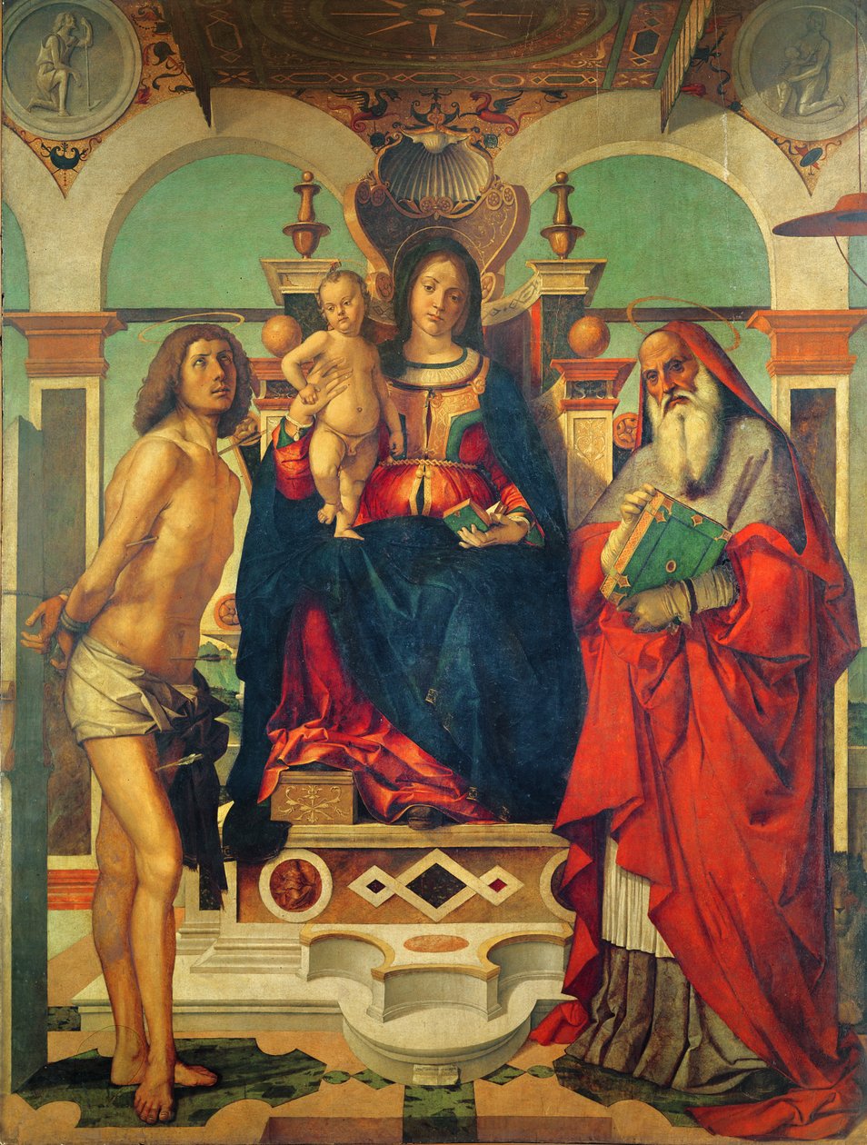 Madonna and Child tronade med Saint Jerome och Saint Sebastian av Andrea Mantegna