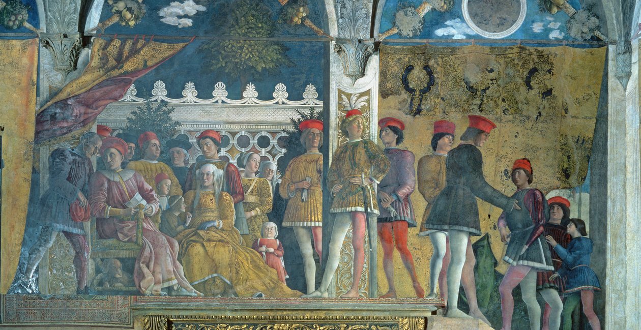 Marchese Ludovico Gonzaga III, hans hustru Barbara av Brandenburg, deras barn, hovmän och deras hund Rubino, från Camera degli Sposi eller Camera Picta, 1465-74 av Andrea Mantegna