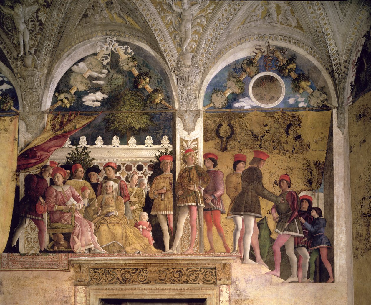 Marchese Ludovico Gonzaga III av Mantua (reg. 1444-78), hans hustru Barbara av Brandenburg, barn, hovmän och deras hund Rubino, från Camera degli Sposi eller Camera Picta, 1465-74 (detalj av Andrea Mantegna