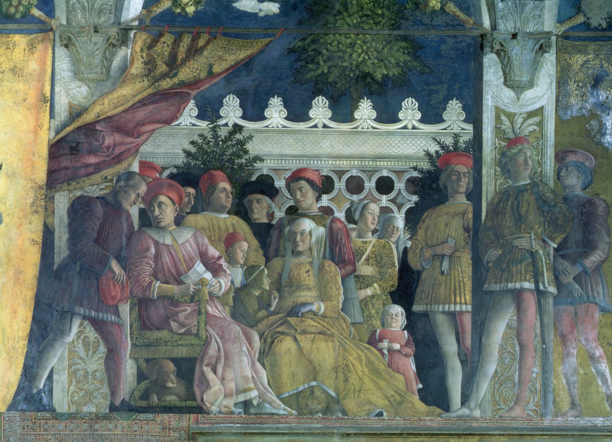 Marskalk Ludovico Gonzaga III av Mantua (regerade 1444-78), hans hustru Barbara av Brandenburg, barn, hovmän och deras hund Rubino, från Camera degli Sposi eller Camera Picta, 1465-74 (det av Andrea Mantegna