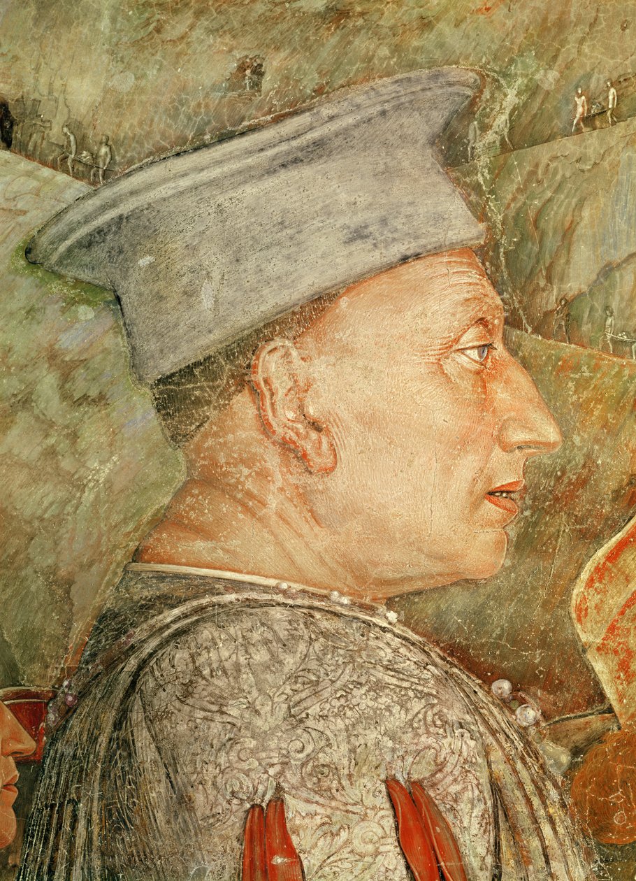 Marskalk Ludovico Gonzaga III av Mantua hälsar på sin son kardinal Francesco Gonzaga, detalj av Ludovico Gonzaga, ca 1465-74 Fresko detalj av 78456, 78454 av Andrea Mantegna