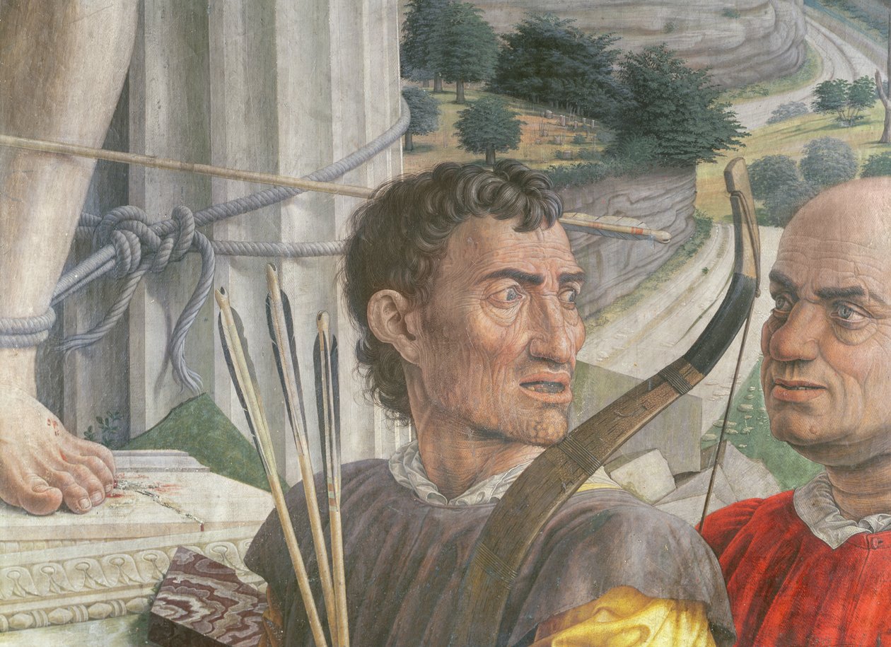 Saint Sebastian, 1480 detalj av soldaterna olja på duk av Andrea Mantegna