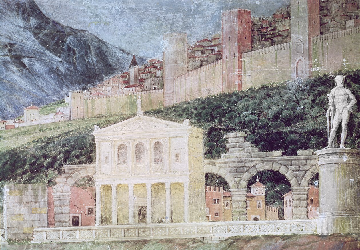 Ankomsten af kardinal Francesco Gonzaga, detalje af baggrunden, der viser en idealiseret udsigt over Rom, ca. 1465-74 (detaljer fra 78457, 78449) swed av Andrea Mantegna