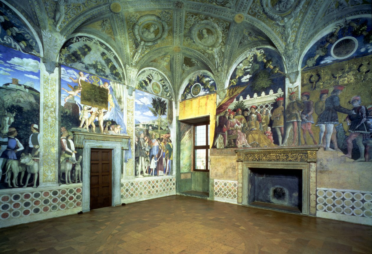 Camera degli Sposi eller Camera Picta med scener från hovet i Mantua, med marskalk Ludovico Gonzaga III och hans hustru Barbara av Brandenburg, deras barn, hovfolk och djur, 1465- av Andrea Mantegna