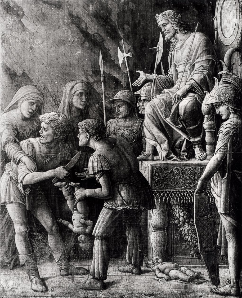 The Judgment of Salomon (blyant og vask på lærred) swed av Andrea Mantegna