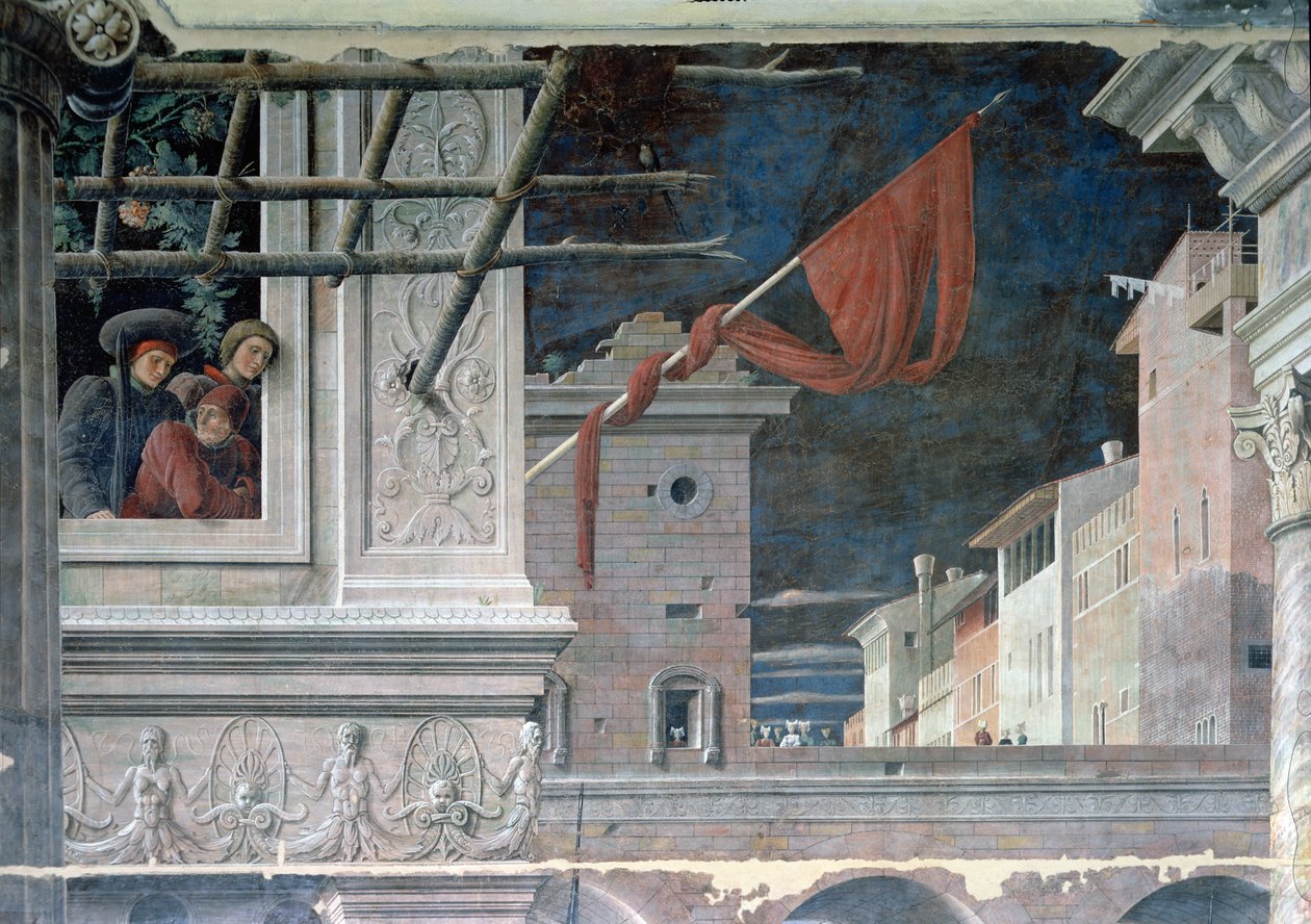The Martyrdom of St. Christopher, detalj av byggnaderna, c.1450-56 av Andrea Mantegna