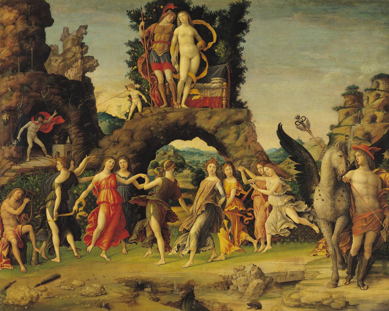 Parnassus: Mirihi na Venus walitembea av Andrea Mantegna