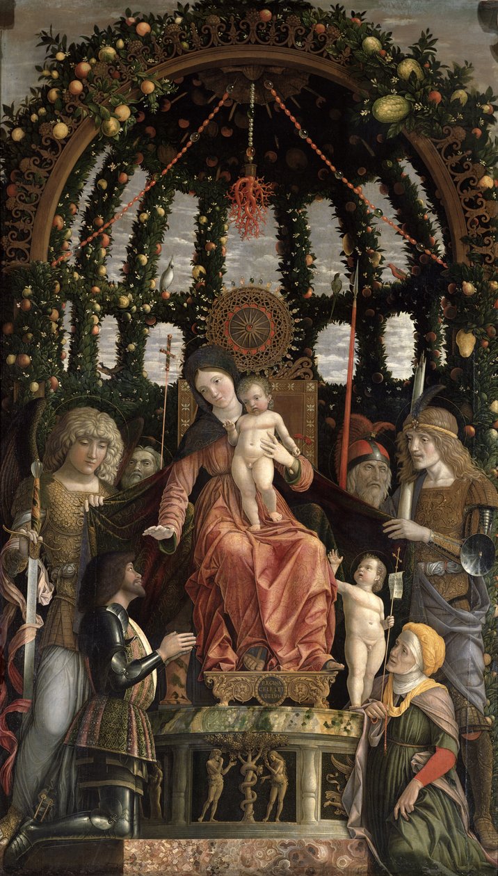Segerns jungfru eller Madonnan och barnet tronade med sex heliga och älskade av Gian-Francesco II Gonzaga, beställd 1495 av Andrea Mantegna