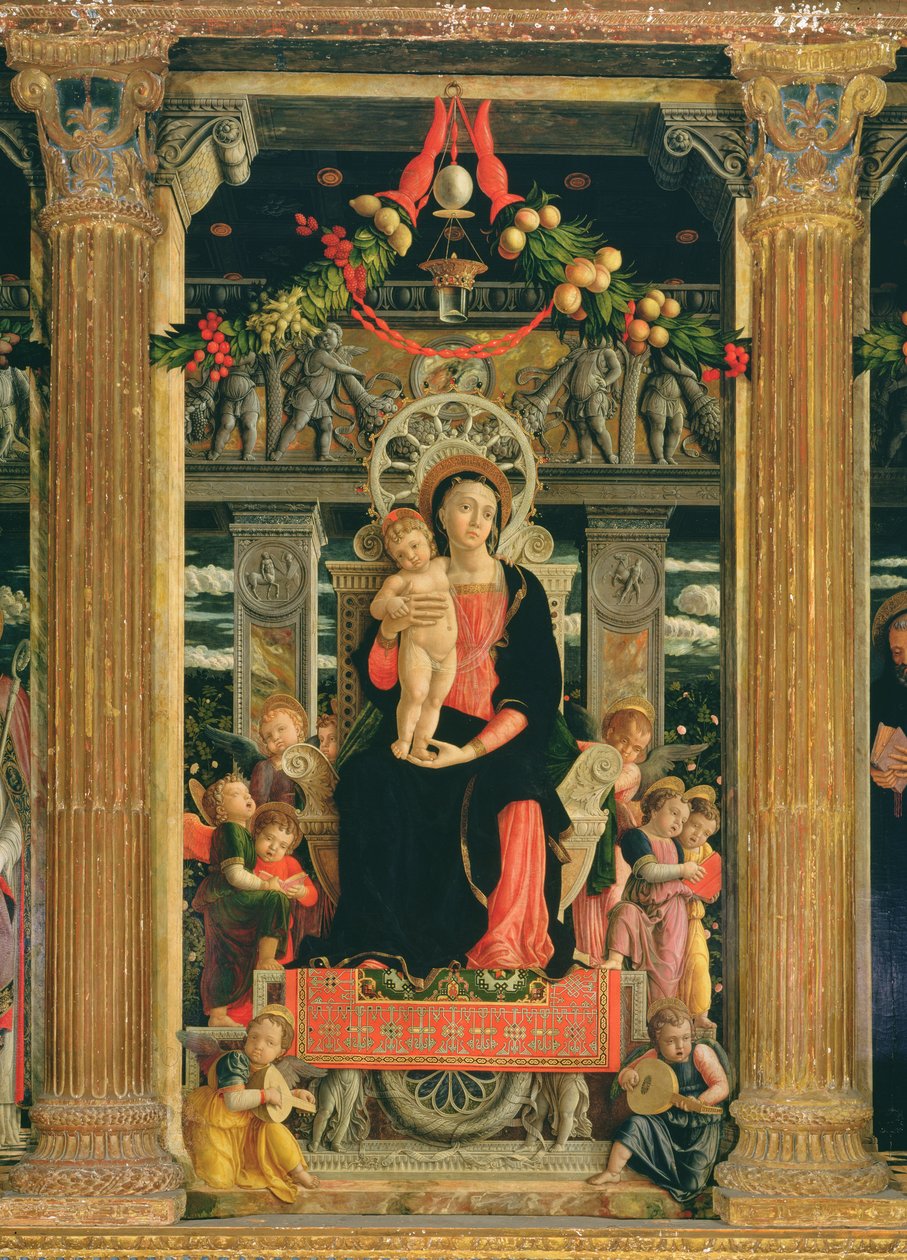 Jungfru och barn med änglar, central panel från Zenos altartavla i Verona, 1456-60 (detalj av 214237) av Andrea Mantegna