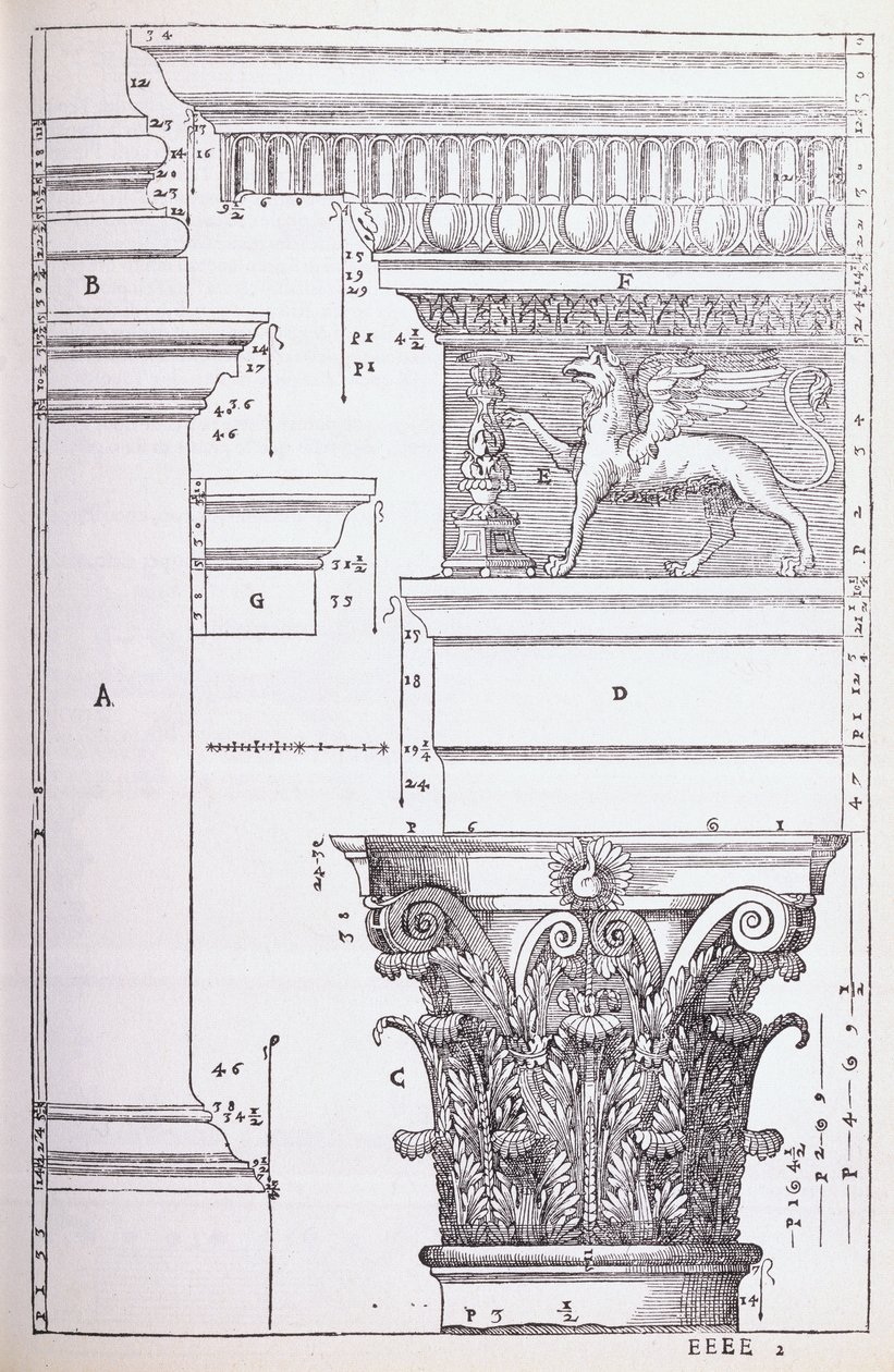 Dekorativa detaljer från Antoninus och Faustinas tempel, illustration från en faksimilkopia av "I Quattro Libri dell