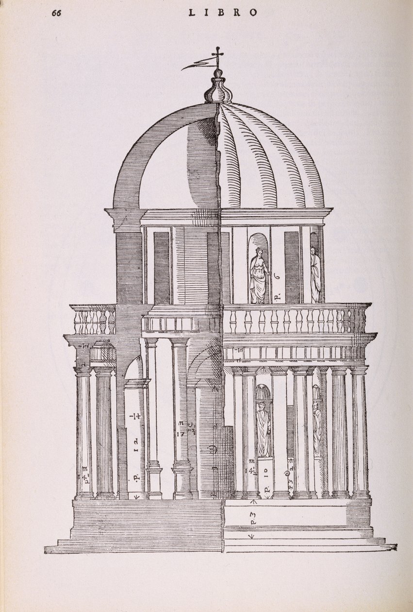 Höjd och tvärsnitt av Jupiters tempel, illustration från en faksimilkopia av 
