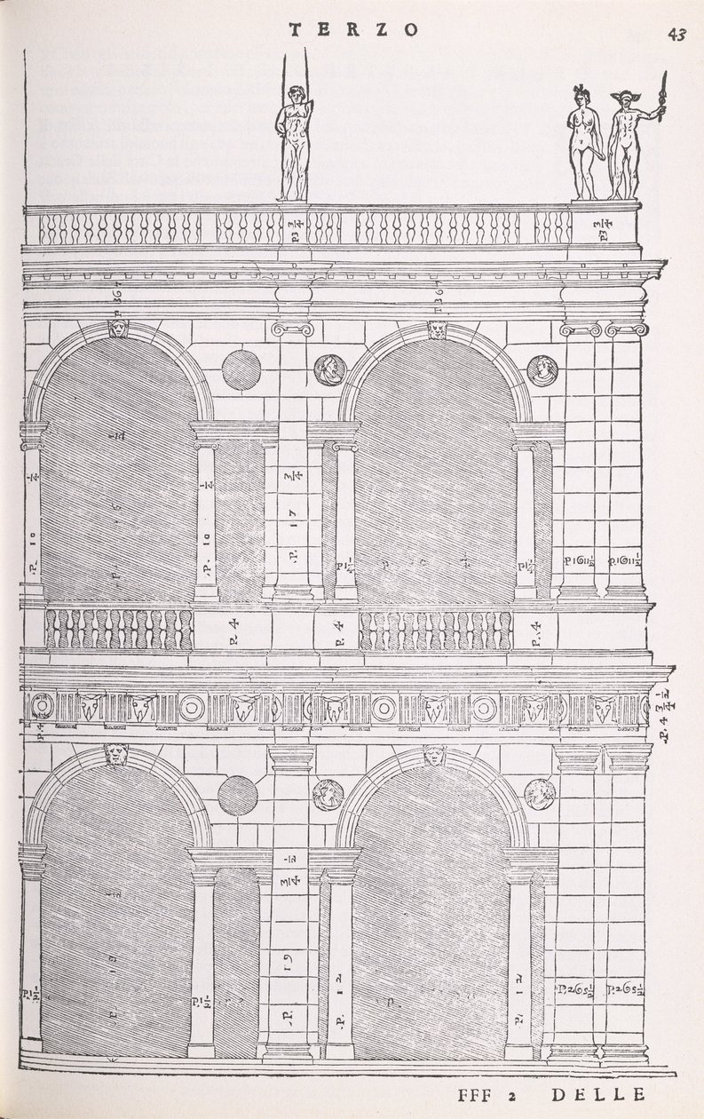 Elevationsdetalj av basilikan i Vicenza, illustration från en faksimilkopia av I Quattro Libri dellArchitettura skriven av Palladio, ursprungligen publicerad 1570. av Andrea Palladio