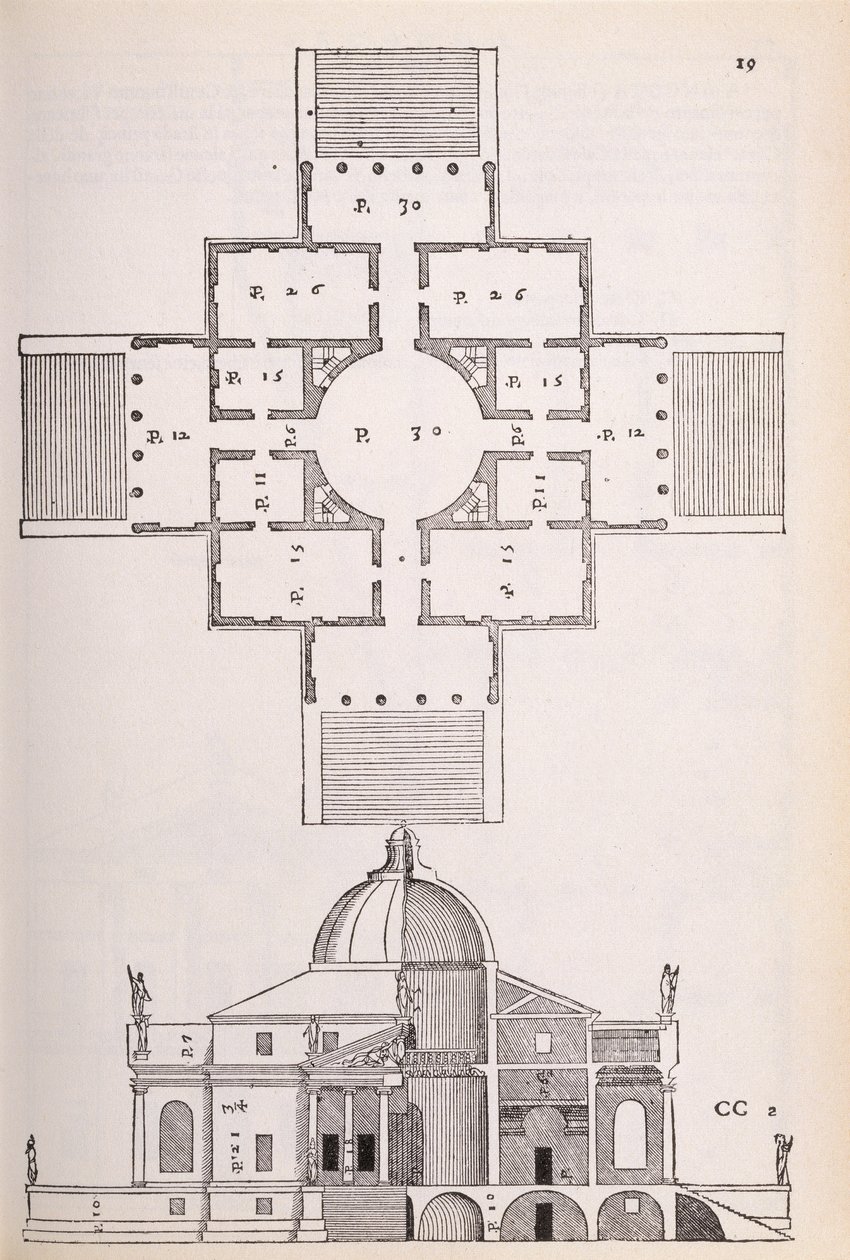 Plan och tvärsnitt av Villa Rotunda, illustration från en faksimilkopia av 