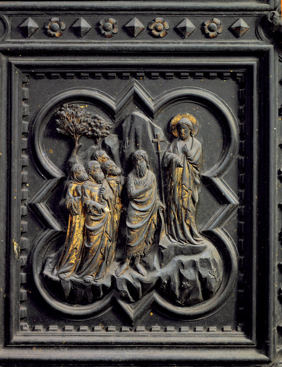 Johannes Döparen tillkännager Kristus, åttonde panelen av södra dörrarna till Baptisteriet i San Giovanni, 1336 (brons) av Andrea Pisano