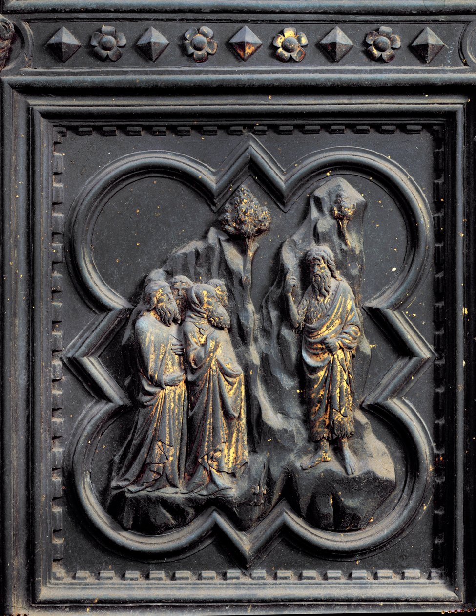 Johannes Döparen predikar för fariséerna, sjunde panelen av södra dörrarna till dopkapellet i San Giovanni, 1336 (brons) av Andrea Pisano