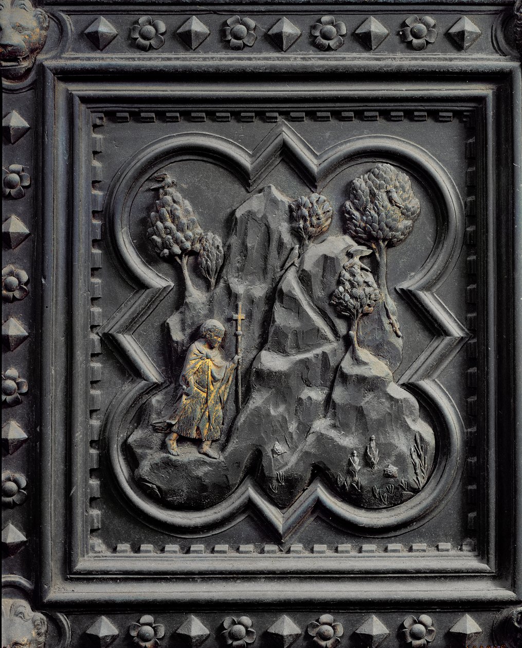 Johannes Döparen som pojke i öknen, sjätte panelen på södra dörren i San Giovannis dopkapell, 1336 (brons) av Andrea Pisano