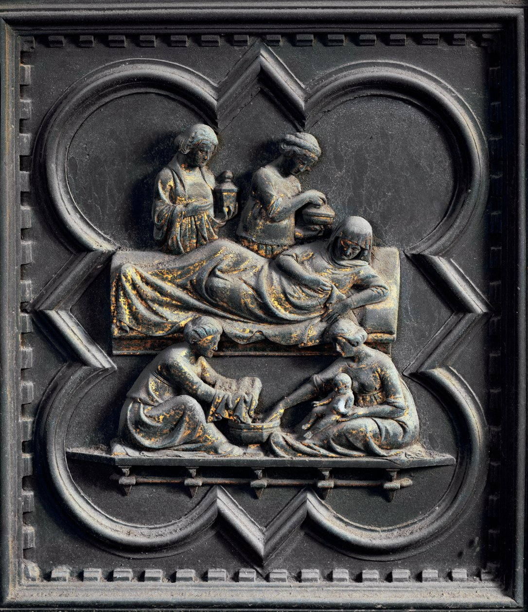 Johannes Döparens födelse, fjärde panelen i den södra dörren i San Giovannis dopkapell, 1336 (brons) av Andrea Pisano
