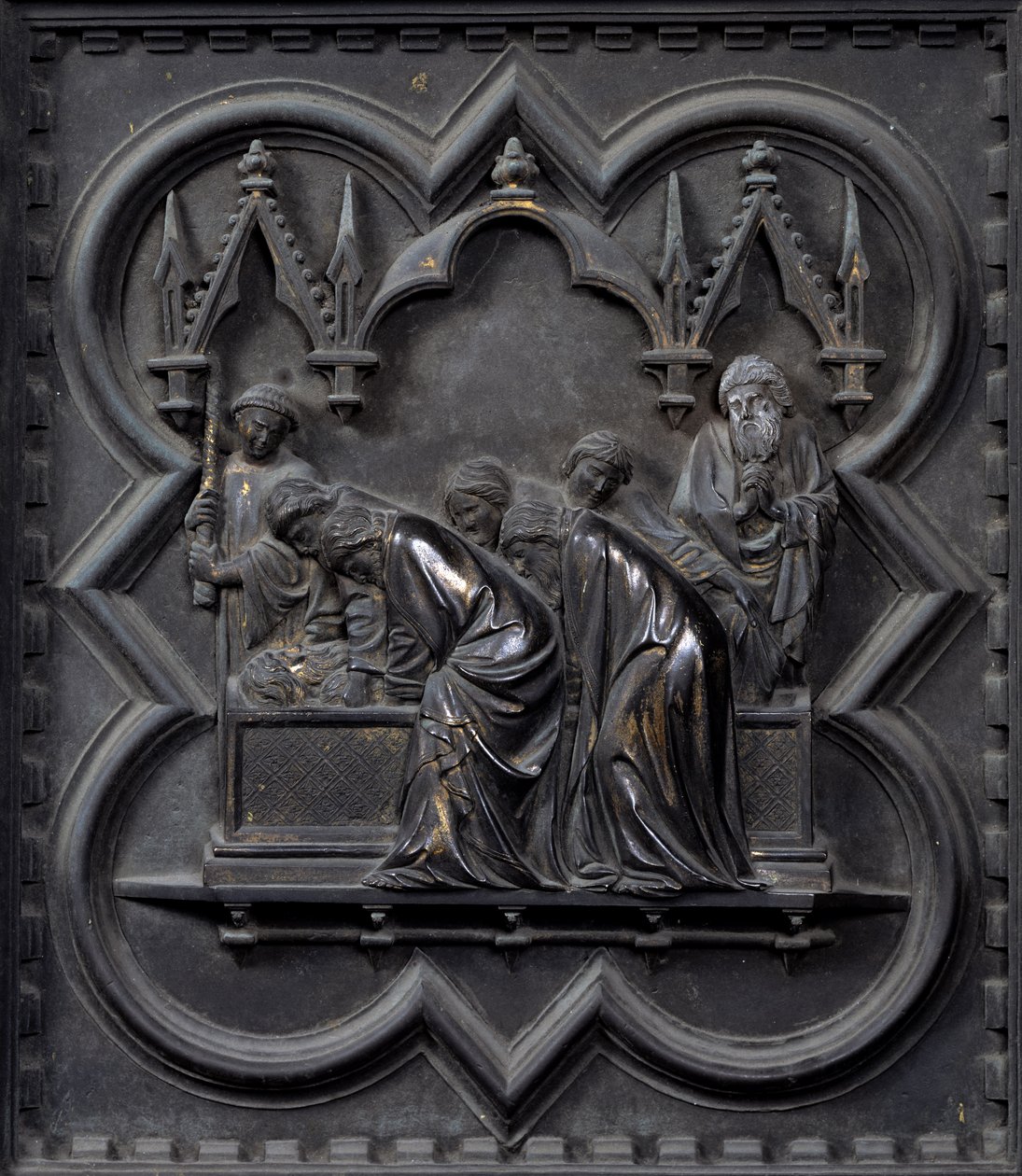 Johannes Döparens begravning, tjugonde panelen i den södra dörren i San Giovannis dopkapell, 1336 (brons) av Andrea Pisano