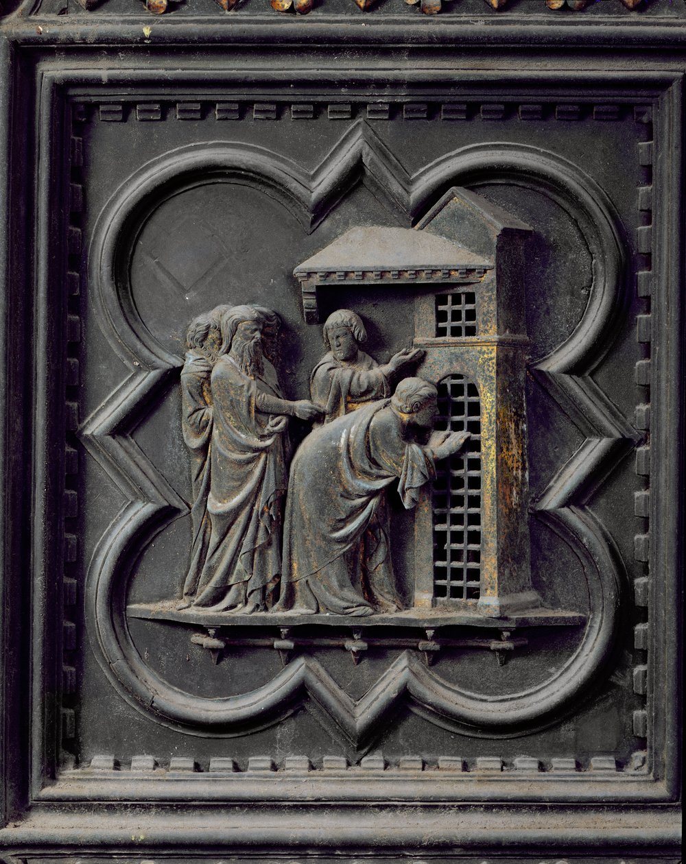 Lärjungarna besöker Johannes Döparen, trettonde panelen i södra dörrarna till dopkapellet San Giovanni, 1336 (brons) av Andrea Pisano