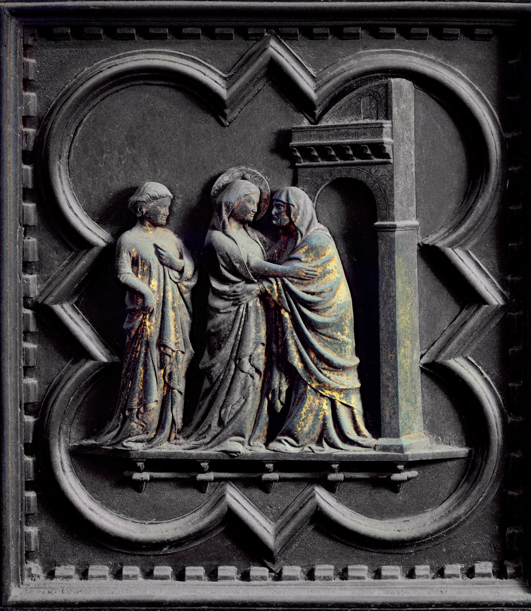 Besöket, tredje panelen i den södra dörren i San Giovannis dopkapell, 1336 (brons) av Andrea Pisano