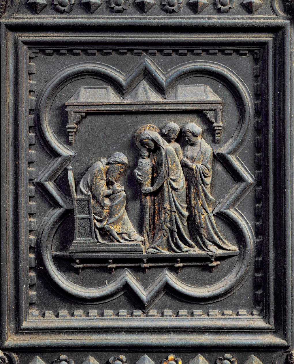 Sakarias skriver pojkens namn, femte panelen av södra dörrarna till dopkapellet i San Giovanni, 1336 (brons) av Andrea Pisano