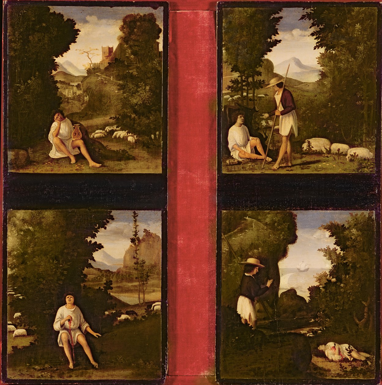 Scener fra Tebaldeos Eclogues, ca. 1505 (olie på træ) sved av Andrea Previtali
