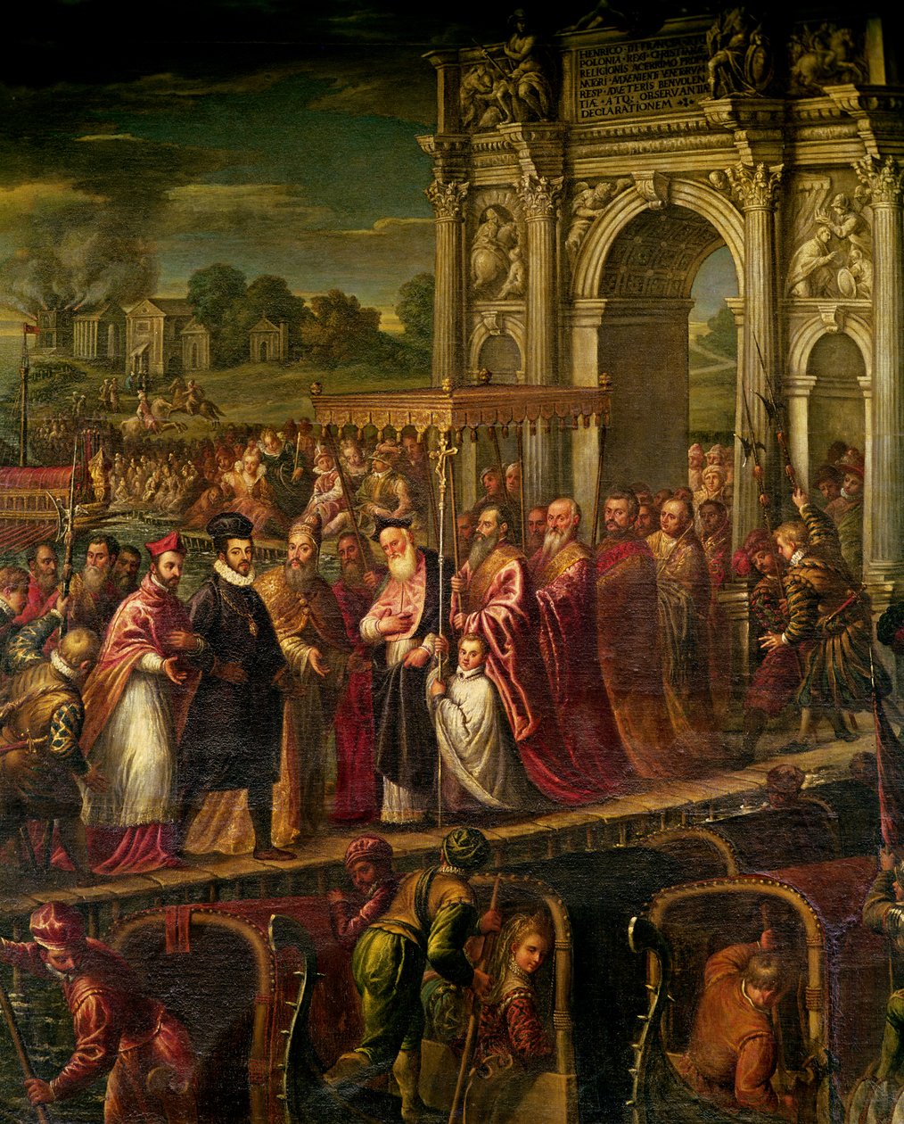 Kung Henri III (1551-89) av Frankrike besökte Venedig 1574, eskorterad av Doge Alvise Mocenigo (1570-77) och träffad av patriarken Giovanni Trevisan, från de fyra dörrarnas rum av Andrea Vicentino