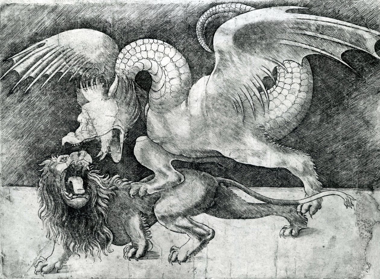 Dragon Fighting a Lion swed av Andrea Zoan